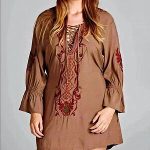 🆕Velzera Plus Size Khaki Embroidered Peasant Dress 1X🆕
